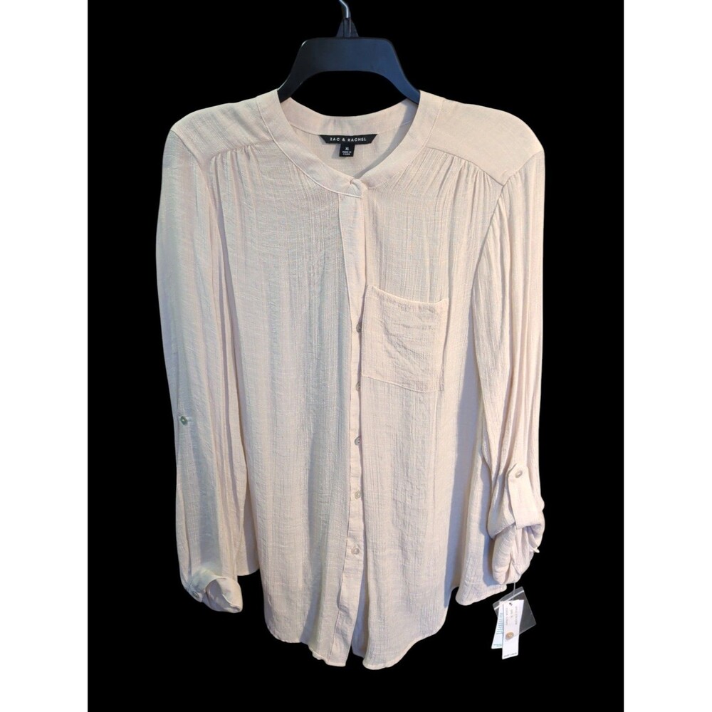 Zac & Rachel Beige Sheer Button Up Blouse Roll Tab Sleeves NWT S- XL Women's